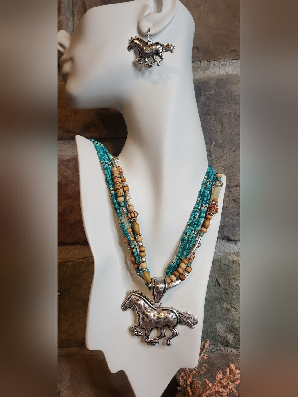 Turquoise and Wood Multi-Strand Necklace with Silver Horse Pendant